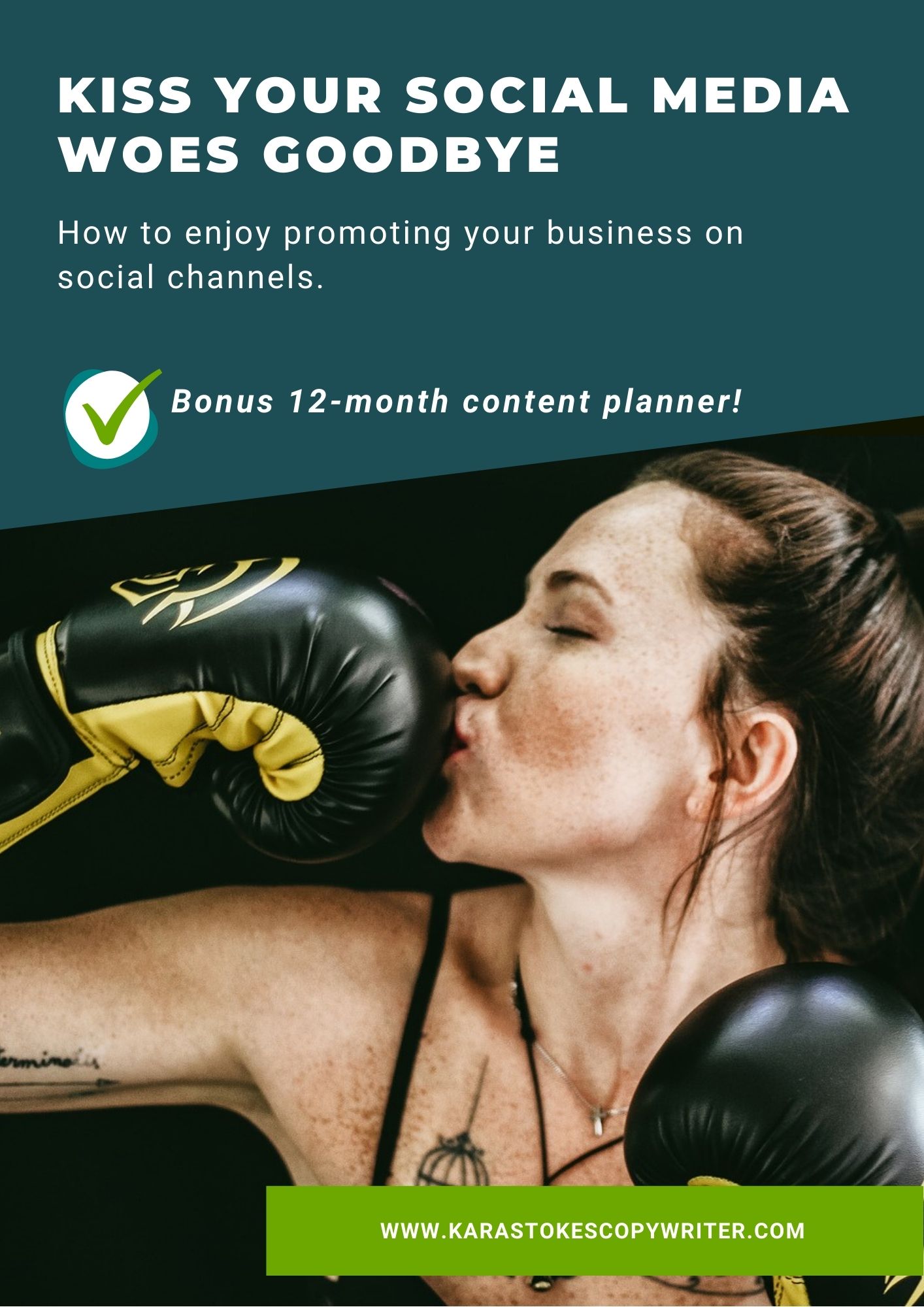 Kiss your social media woes goodbye, woman kissing yellow and black boxing glove. Text, how to become comfortable promoting your business on social channels.
